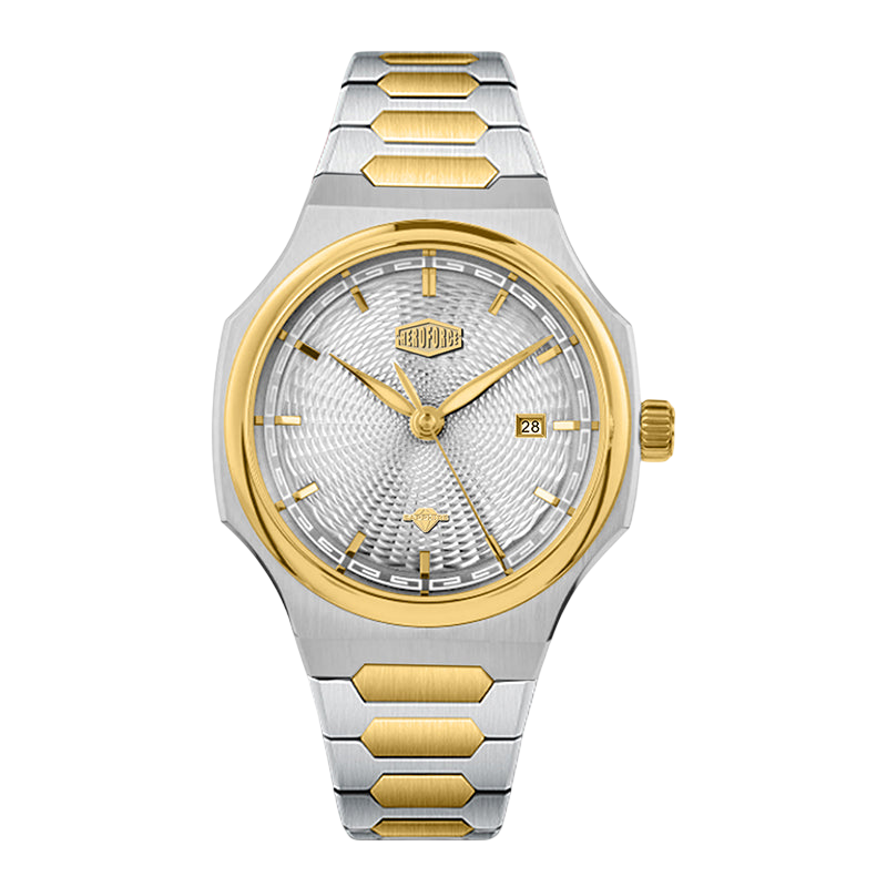 Two-tone silver and gold watch on a white background
