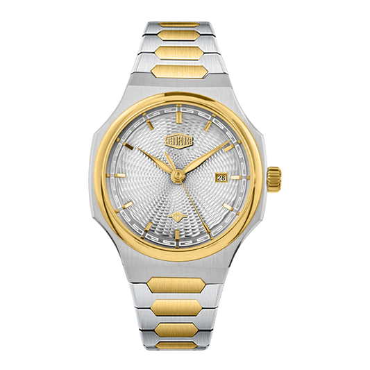 Two-tone silver and gold watch on a white background