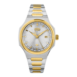 Two-tone silver and gold watch on a white background