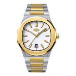 Two-tone silver and gold watch with a white face on a white background