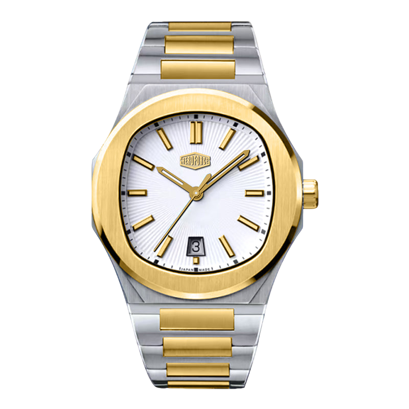 Two-tone silver and gold watch with a white face on a white background