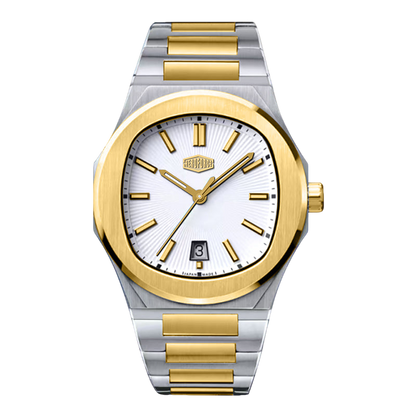 Two-tone silver and gold watch with a white face on a white background