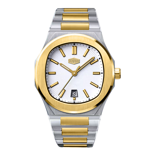 Two-tone silver and gold watch with a white face on a white background