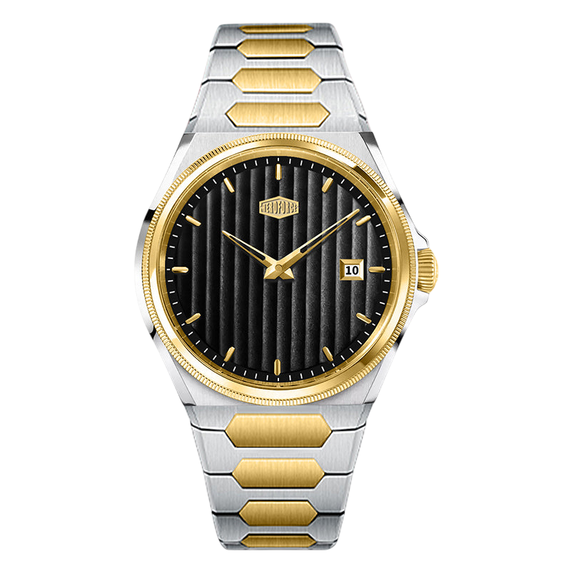 Two-tone silver and gold watch with black face on a white background
