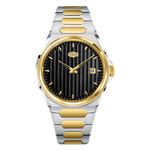 Two-tone silver and gold watch with black face on a white background