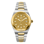 A HeroForce two-tone stainless steel and gold wristwatch with a textured gold dial, gold bezel, and matching gold and steel link bracelet, shown against a plain white background.