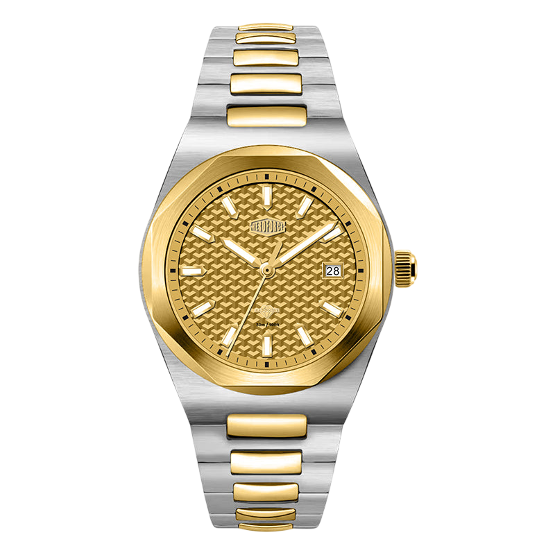 A HeroForce two-tone stainless steel and gold wristwatch with a textured gold dial, gold bezel, and matching gold and steel link bracelet, shown against a plain white background.