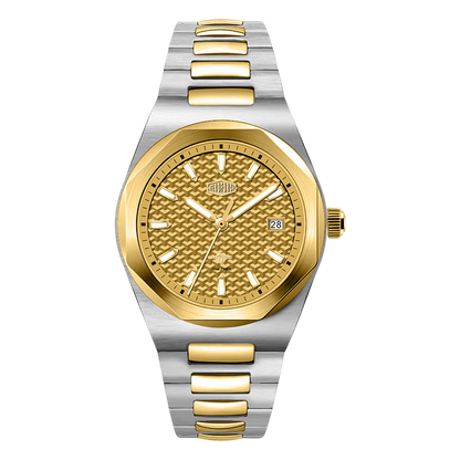 A HeroForce two-tone stainless steel and gold wristwatch with a textured gold dial, gold bezel, and matching gold and steel link bracelet, shown against a plain white background.