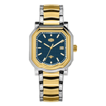 Two-tone wristwatch with gold bezel, silver-gold bracelet, and dark blue textured dial featuring gold markers and date window