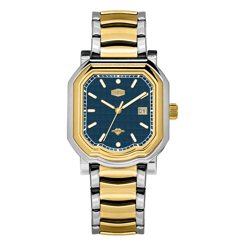 Two-tone wristwatch with gold bezel, silver-gold bracelet, and dark blue textured dial featuring gold markers and date window