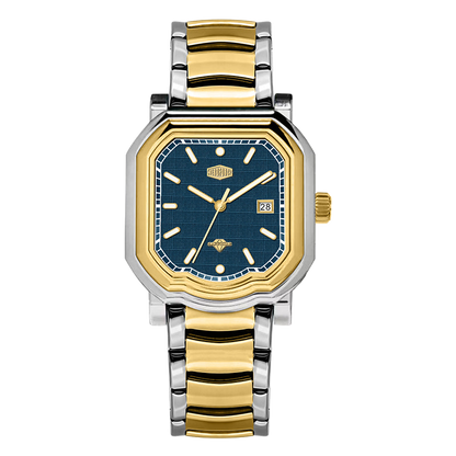 Two-tone wristwatch with gold bezel, silver-gold bracelet, and dark blue textured dial featuring gold markers and date window