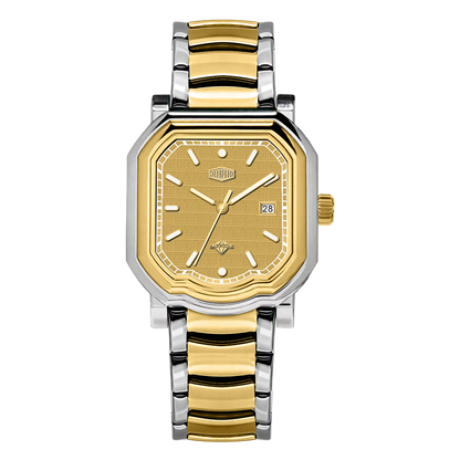 Two-tone wristwatch with gold dial, alternating gold-silver bracelet, white indices, gold hands, and date window 