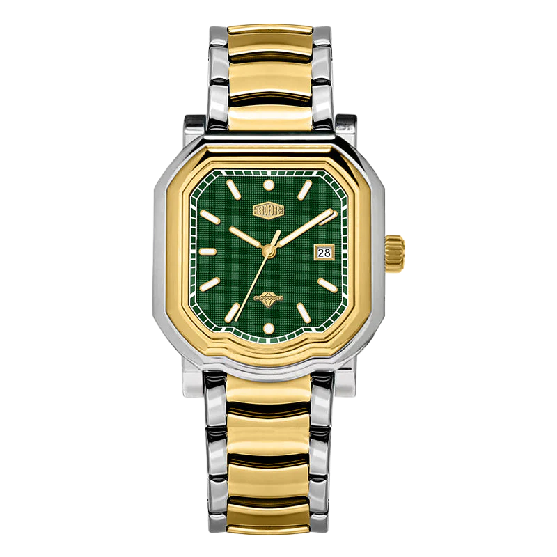 Two tone stainless steel wristwatch with a green textured dial and date display.