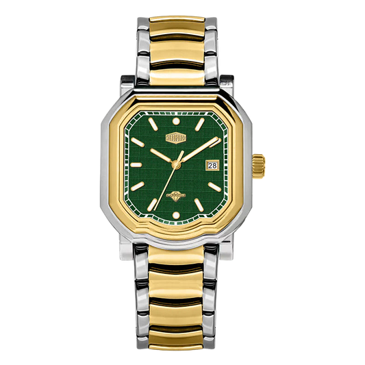 Two tone stainless steel wristwatch with a green textured dial and date display.