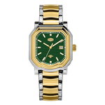 Two tone stainless steel wristwatch with a green textured dial and date display.