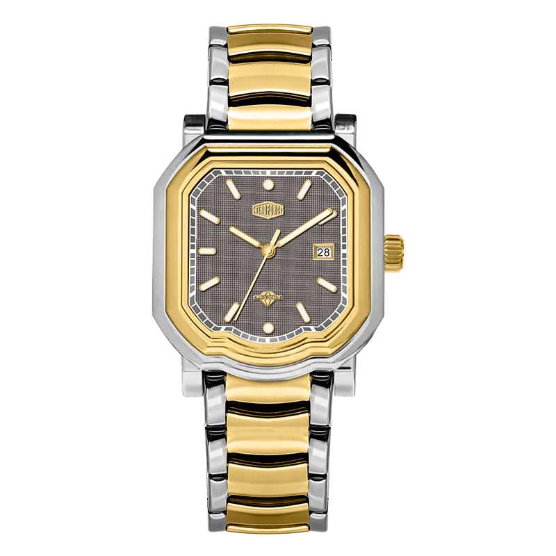 A two-tone stainless steel and gold wristwatch with an octagonal bezel, a textured dark gray dial
