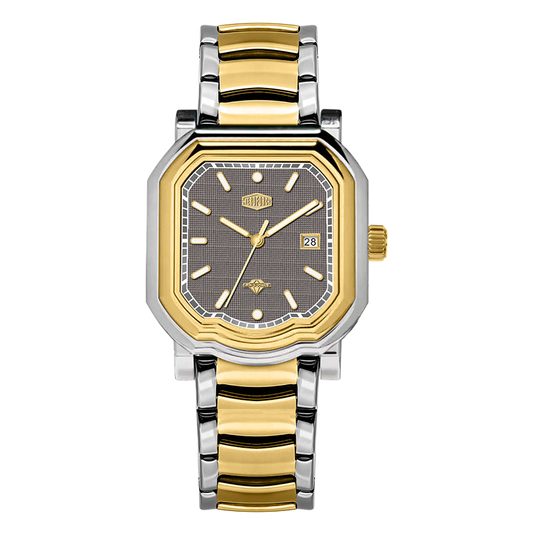 A two-tone stainless steel and gold wristwatch with an octagonal bezel, a textured dark gray dial