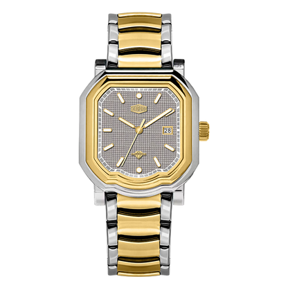 Two tone stainless steel wristwatch with a white textured dial and date display.
