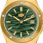 Upclose - Gold tone stainless steel wristwatch with a green wave patterned dial and date display.