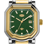 Upclose - Two tone stainless steel wristwatch with a green textured dial and date display.