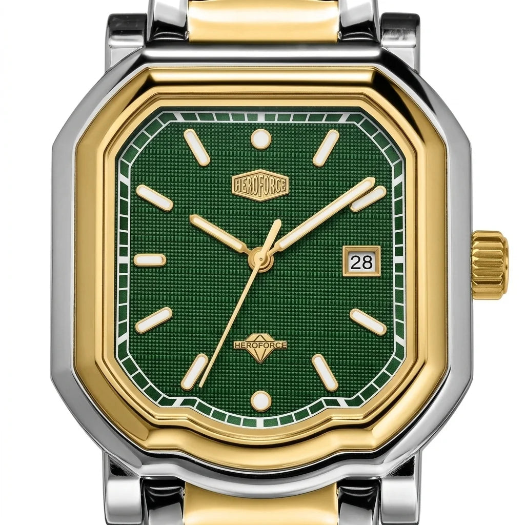Upclose - Two tone stainless steel wristwatch with a green textured dial and date display.