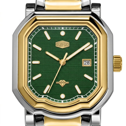 Upclose - Two tone stainless steel wristwatch with a green textured dial and date display.