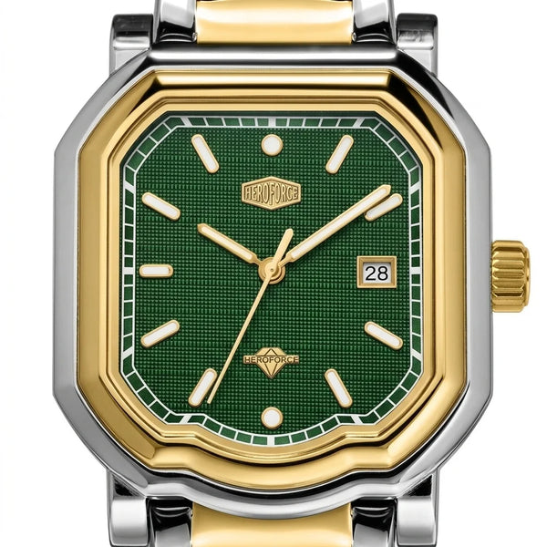 Upclose - Two tone stainless steel wristwatch with a green textured dial and date display.