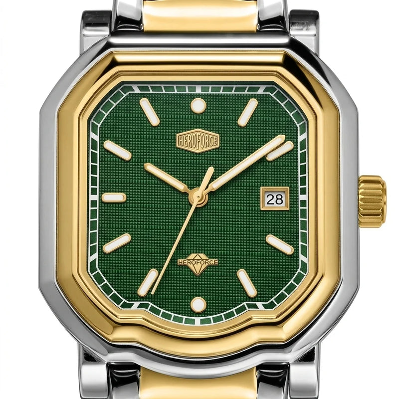 Upclose - Two tone stainless steel wristwatch with a green textured dial and date display.