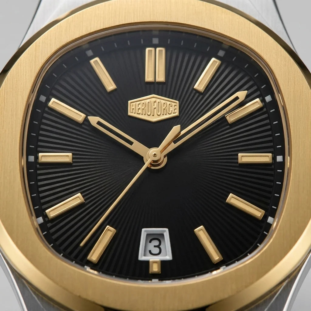 Upclose macro of HeroForce 5046 Luxury Ana - analog watch, two-tone bracelet, quiet luxury
