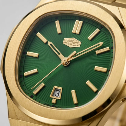 Upclose macro of HeroForce 5046 Luxury Ana - Green Sunray Dial, Analog Watch, Quiet Luxury