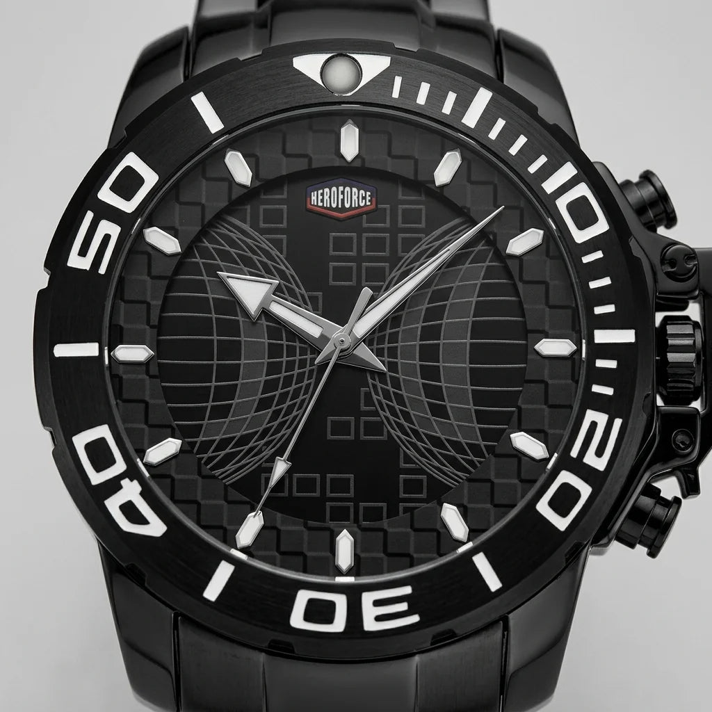 Upclose macro view of Black stainless steel watch with black geometric dial, oversized bezel, and metal bracelet