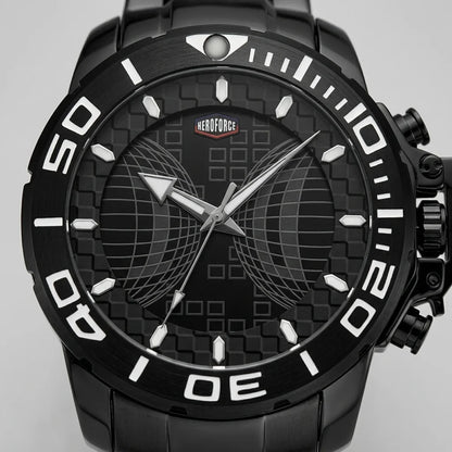 Upclose macro view of Black stainless steel watch with black geometric dial, oversized bezel, and metal bracelet