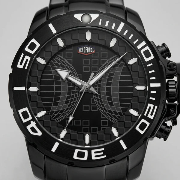Upclose macro view of Black stainless steel watch with black geometric dial, oversized bezel, and metal bracelet