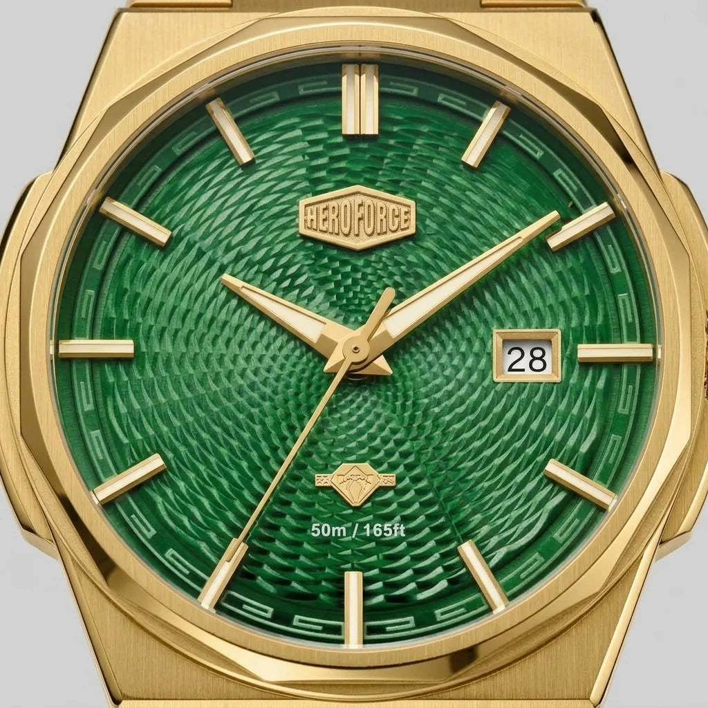 Upclose macro view of Gold-tone stainless steel watch with green textured dial, date display, and integrated bracelet