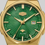 Upclose macro view of Gold-tone stainless steel watch with green textured dial, date display, and integrated bracelet