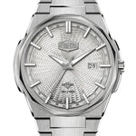 Upclose macro view of HEROFORCE wristwatch with silver bracelet, guilloché patterned dial, polished angular bezel, silver markers and hands, date window at 28, brushed steel finish.