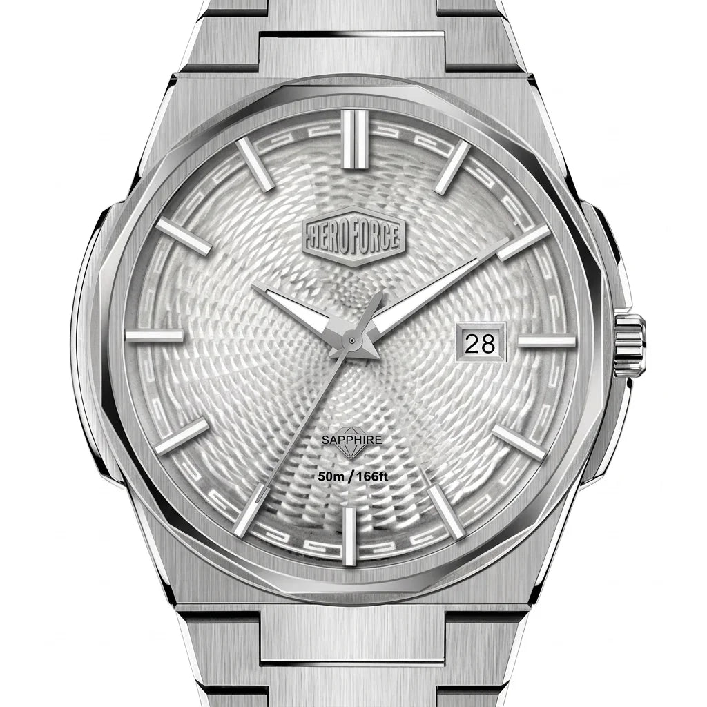 Upclose macro view of HEROFORCE wristwatch with silver bracelet, guilloché patterned dial, polished angular bezel, silver markers and hands, date window at 28, brushed steel finish.