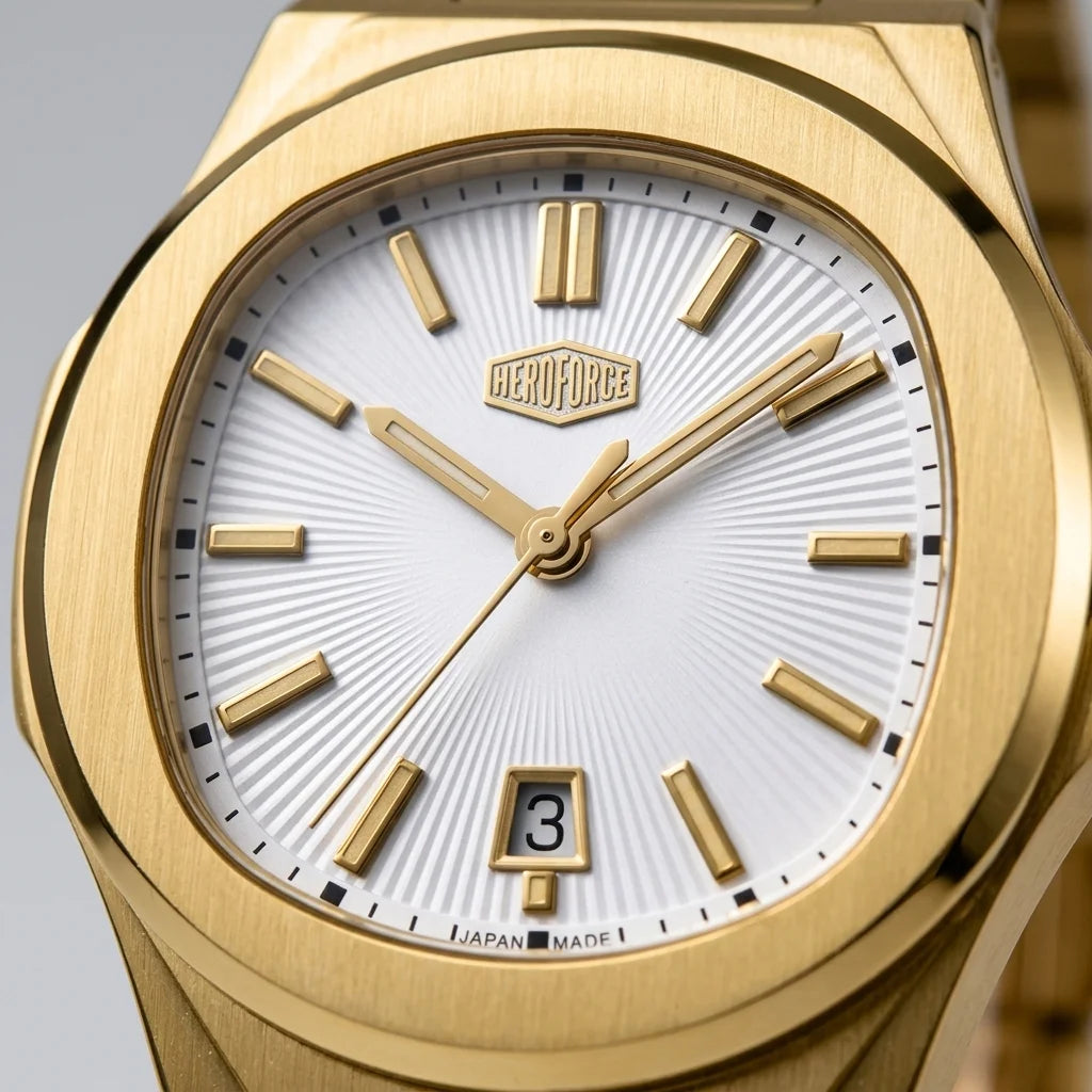 Upclose macro view of HeroForce 5046 Gold Light Edition - Luxury Analog Watch