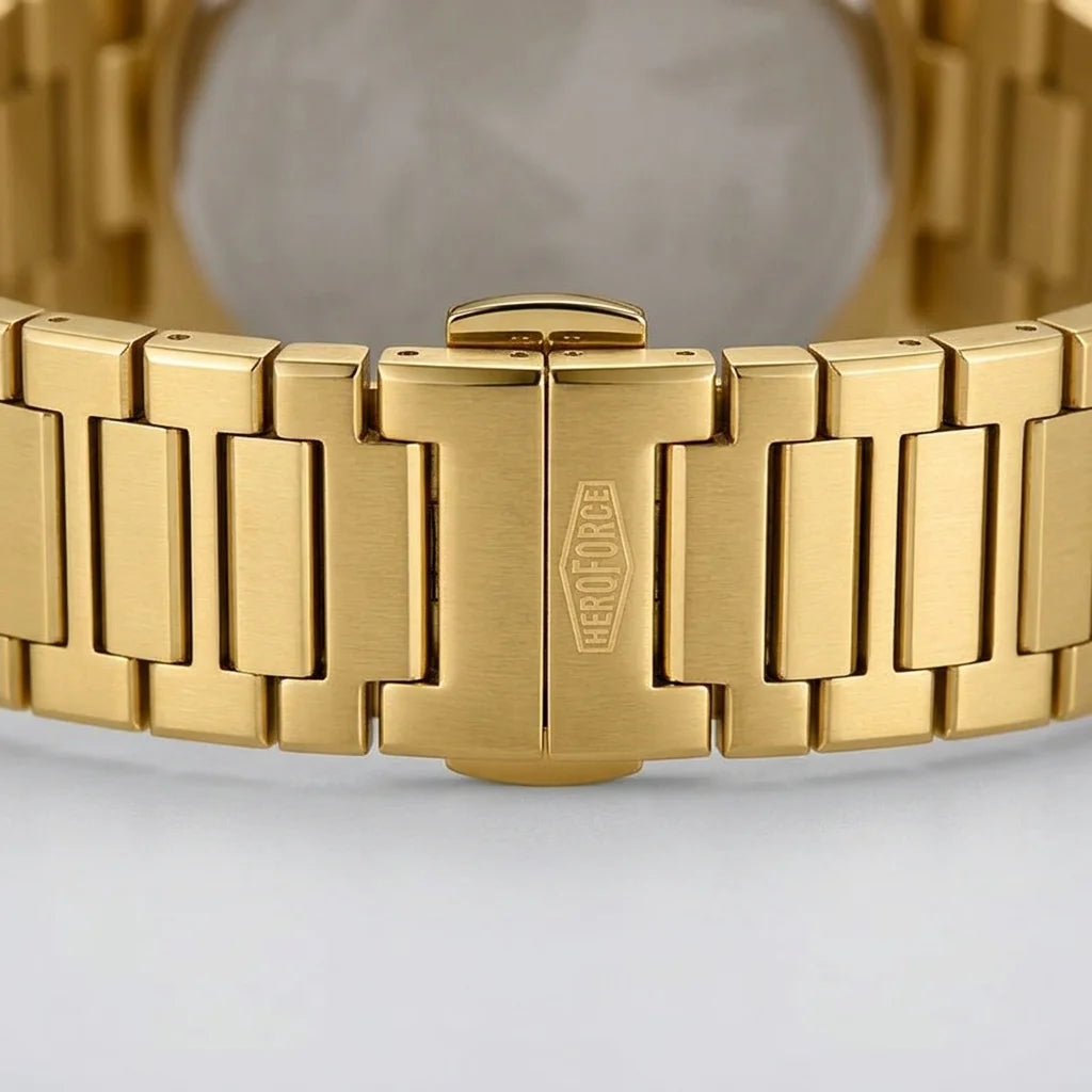 Upclose strap of Gold-tone stainless steel watch with green textured dial, date display, and integrated bracelet