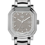 Upclose view - Silver wristwatch with octagonal rectangular case, metallic bracelet, gray textured dial, silver markers, and date window