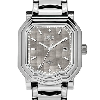 Upclose view - Silver wristwatch with octagonal rectangular case, metallic bracelet, gray textured dial, silver markers, and date window