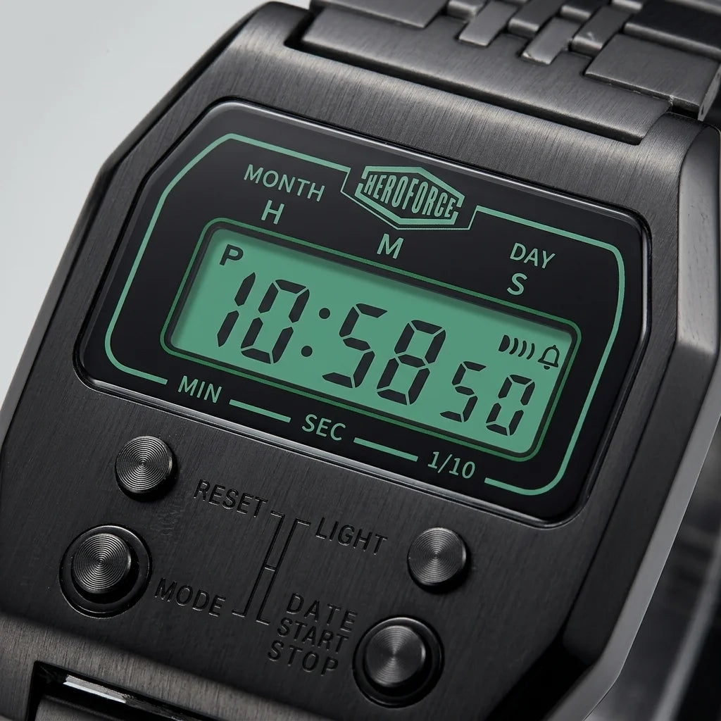 Upclose view of Black metallic digital wristwatch with rectangular face and green backlit display