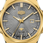 Upclose view of Gold-tone stainless steel watch with grey textured dial, date display, and integrated bracelet