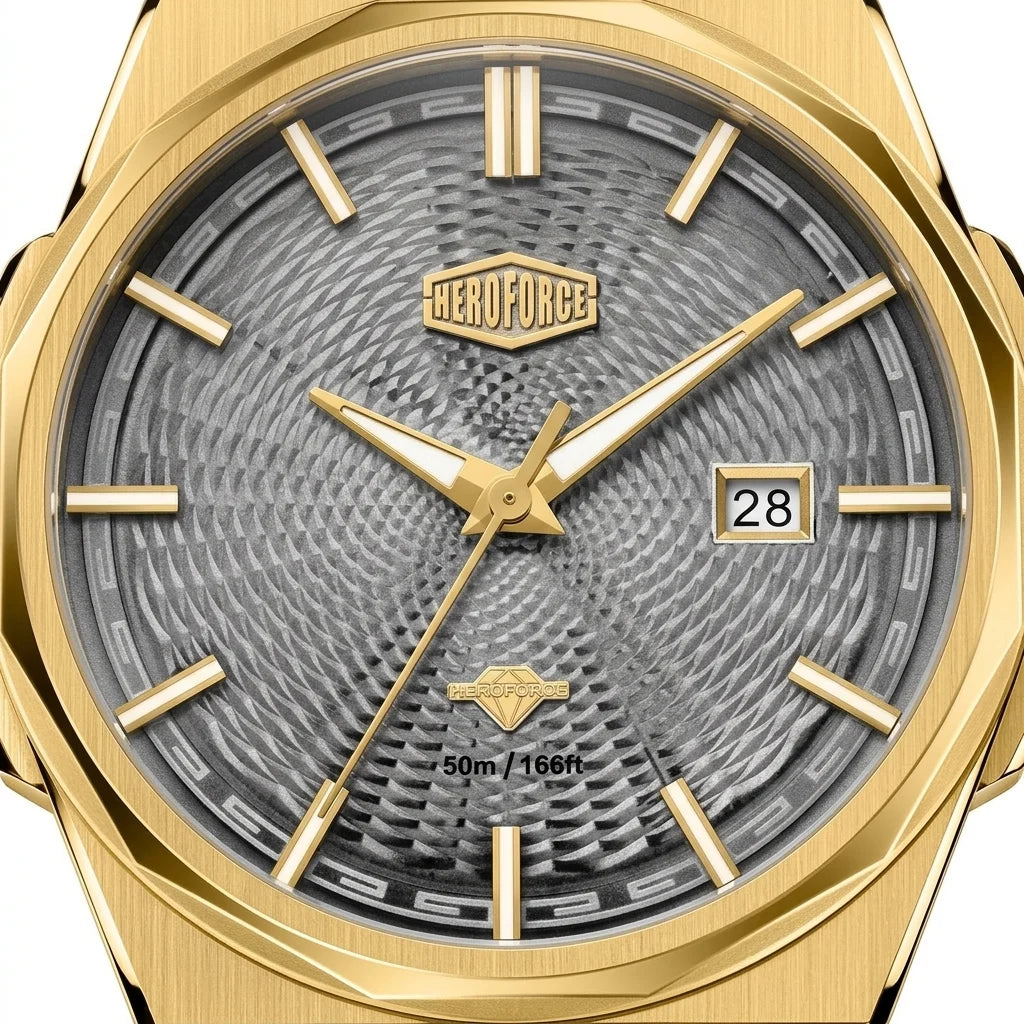 Upclose view of Gold-tone stainless steel watch with grey textured dial, date display, and integrated bracelet