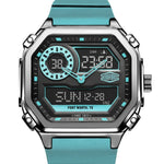 Upclose view of Rectangular wristwatch with metallic case, turquoise strap, and geometric analog-digital face with turquoise accents.