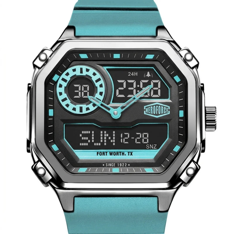 Upclose view of Rectangular wristwatch with metallic case, turquoise strap, and geometric analog-digital face with turquoise accents.