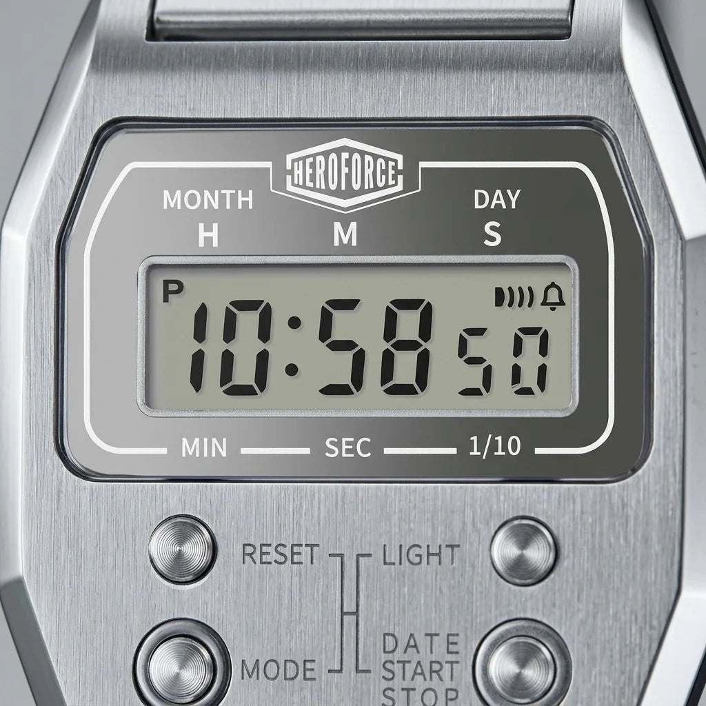 Upclose view of Silver digital wristwatch with rectangular face and segmented band, display showing brand “HEROFORCE,”