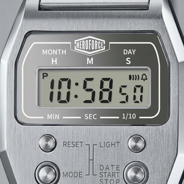 Upclose view of Silver digital wristwatch with rectangular face and segmented band, display showing brand “HEROFORCE,”
