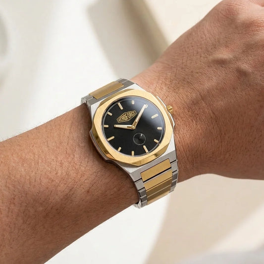 Watch on wrist - Silver and Gold Stainless Steel Watch with Black Dial and Small Seconds