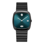 Watch with black band and teal face on a white background